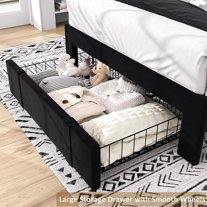 VECELO Twin Size Bed Frame with Storage Drawer, Adjustable Velvet Rivet Decor Headboard, Wooden Slats Support Platform, No Box Spring Needed, Easy Assembly