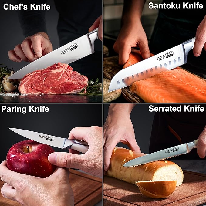 Cooks Standard Kitchen Knife Set with Block 6-Piece, Stainless Steel Forge High Carbon German Blade with Expandable Bamboo Storage Block for Extra Slots, White
