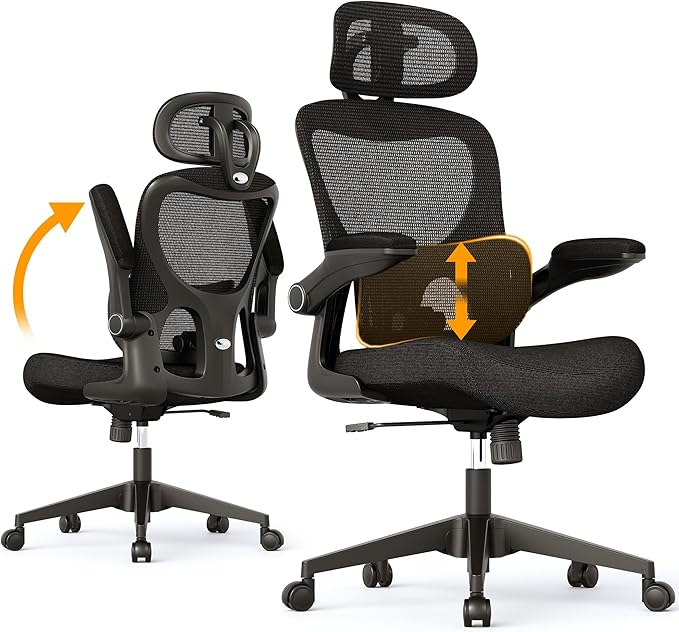 SUNNOW Ergonomic Office Chair, Comfy Mesh Desk Chair, High Back Computer Gaming Chairs with Adjustable Lumbar Support, Flip-Up Arms, Headrest, Tilt Function, Wide Cushion, Swivel Wheel, BIFMA Quality