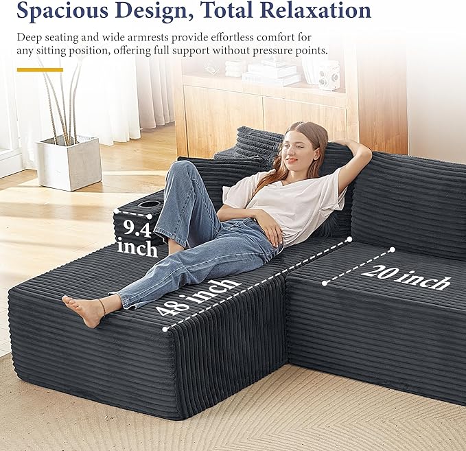 104''Sectional Cloud Couch with L Shaped Chaise,Modern Modular Sectional Sofa,Boneless Couch with Deep Seat,Comfy Couches for Living Room (Dark Grey, U Shaped)