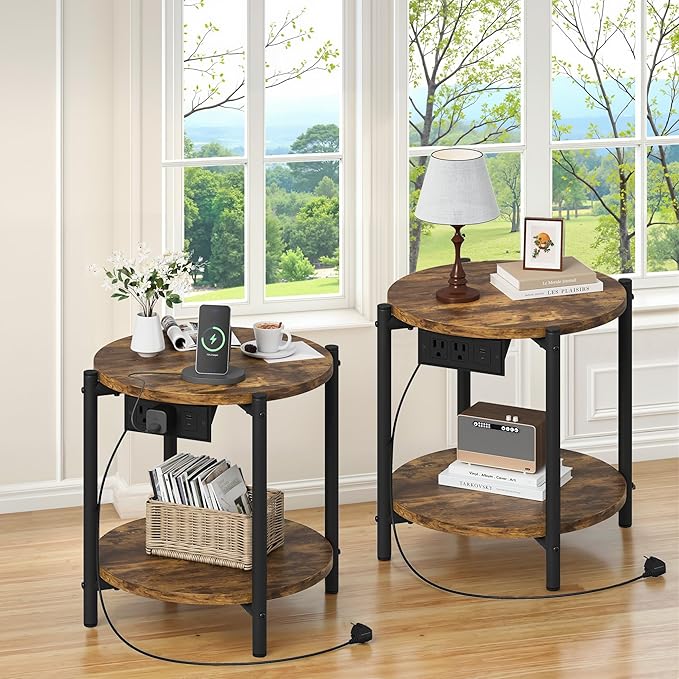 LIKIMIO Small Round End Tables Set of 2 with Charging Station, 2-Tier Wooden Side Tables, 15.8" W Modern Nightstands for Small Spaces, Living Room, Bedroom, Rustic Brown
