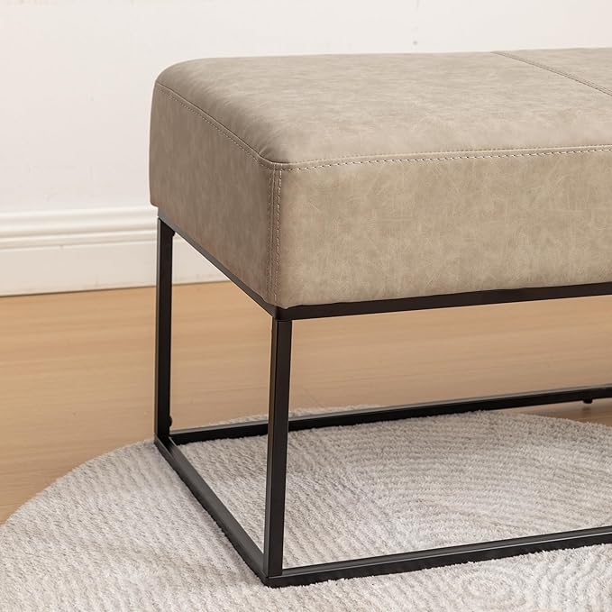 Leather Entryway Bench, Modern Long Leather Ottoman Bench Seat with Metal Frame, 47'' Upholstered Bedroom Bench for Living Room Entryway Window, Taupe