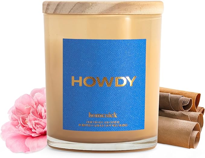 Homesick Scented Candles for Home (Howdy) - 7.5 oz Long-Lasting Natural Soy Wax Blend Jar Candle Gift for Women & Men for All Occasions, 30-35 Hours Burn Time - Notes of Pink Peony & Suede