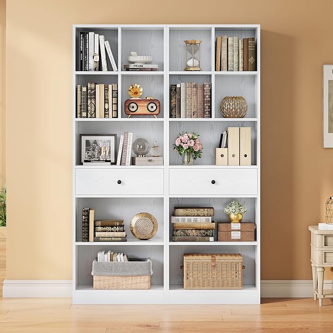 IRONCK Bookcase and Bookshelves, 70" Tall Bookshelf Floor Standing 6 Tiers Display Storage Shelves, Book Shelf with Drawers for Home Office, Living Room, Bedroom, Library, White