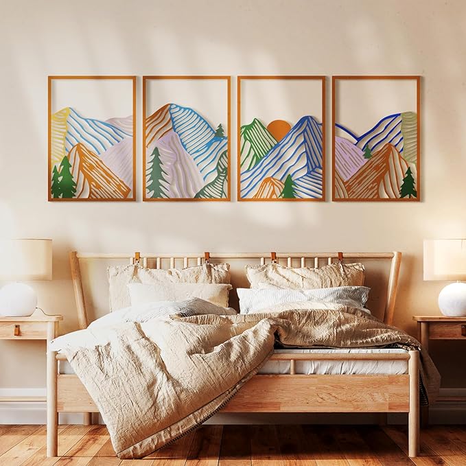 Glamativity 4 Pcs Colorful And Black Double-Sided Abstract Mountain Metal Wall Art , Mountain Line Art Décor, 3D Textured Minimalist Wall Decor, Rustic Nature Wall Décor for Living Room Bedroom Study (L Size 22.5x15.7'')