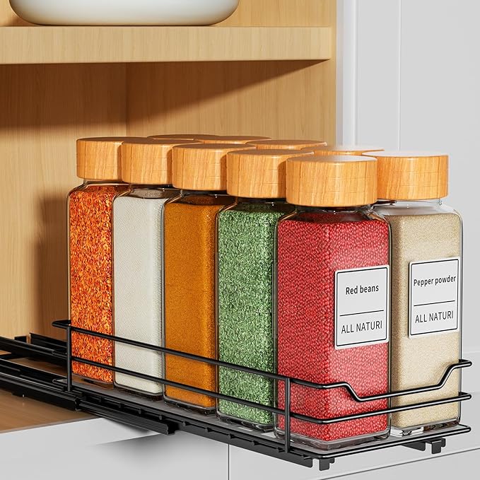 RCHYFEED Pull Out Spice Rack Organizer for Cabinet,Slide out Spice Organizer for Inside Cabinets,Heavy Duty Spice Organization for Kitchen and Pantry,Seasoning,Sauces(1-Tier,4.5" Wx10.5 Dx2.5 H)