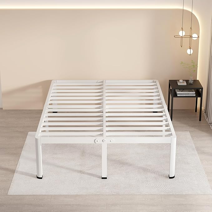 MAF 18 Inch King Size Bed Frame White with Round Corner Legs Mattress Slide Stopper No Box Spring Needed Heavy Duty Metal Platform Bed Frames Under-Bed Storage Space, 3000 LBS Steel Slats Support