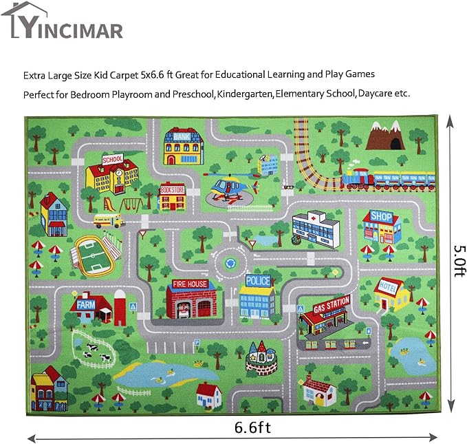 Yincimar Kids Carpet Playmat Rug, 5' x 6'6" Extra Large City Life Educational Car Rug for Baby Toddler Boy Bedroom Playroom