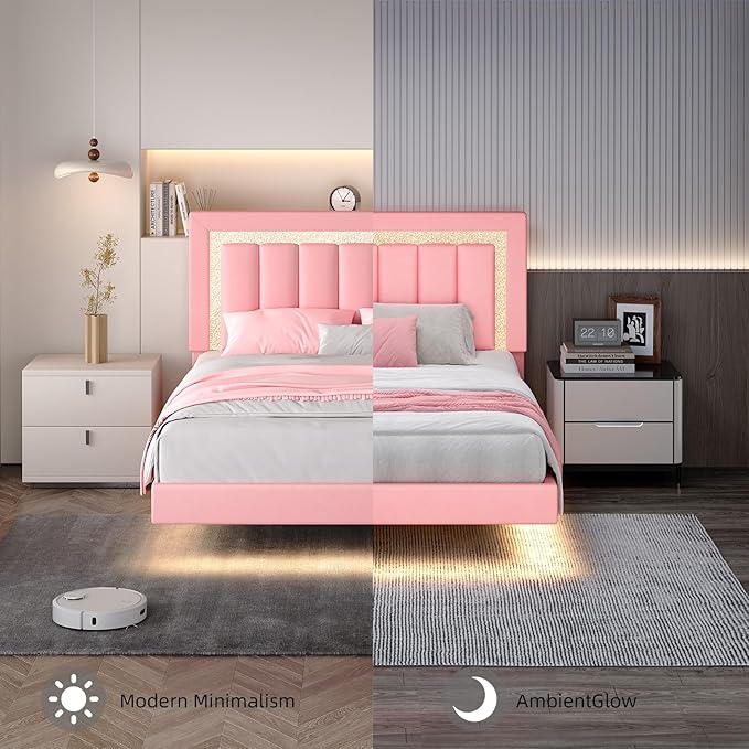 HOMBCK Floating Bed Frame Queen with Smart LED Lights, Faux Leather Upholstered Bed with Diamond PU Headboard, No Box Spring Needed, Noise-Free, Easy Assembly, Pink