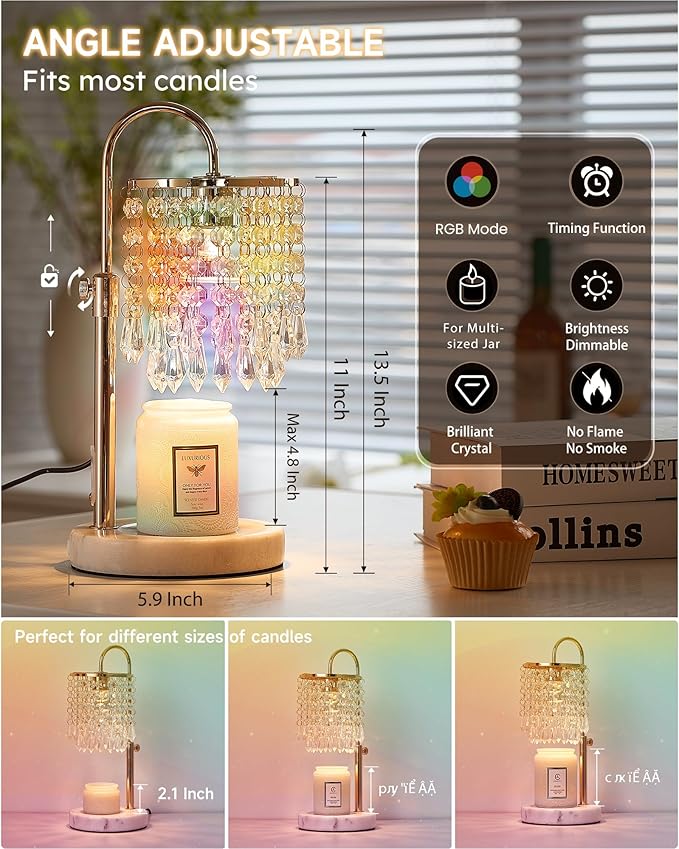 Candle Lamp Warmer with RGB Mode for Adjustable Height, Candle Warmer Lamp with Marble Base for Adjustable Height, Crystal Candle Warmer Lamp for Jar Candles, House Warming Decor Gifts, French Gold