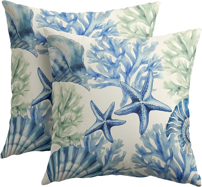 Kawani Beach Theme Pillow Covers 22x22 Inch Coastal Starfish Coral Outdoor Throw Pillows Set of 2 Summer Ocean Nautical Pillowcases Rustic Cushion Covers for Couch Home Decor