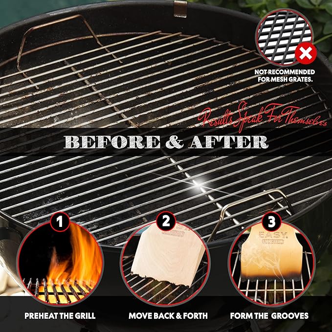 Wood Grill Scraper - Wooden Alternative for A BBQ Grill Brush, Made from Natural Pine Hardwood - Uses The New EasyShape Technology for Safe Cleaning & Bristle Free Barbecue