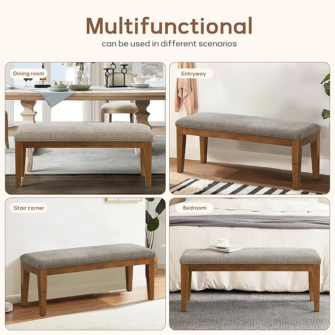 HUIMO Upholstered Entryway Bench, Bedroom Bench with Solid Wooden Legs, End of Bed Bench with Padded Seat for Living Room, Bedroom, Corners, Kitchen (Brown), 44*16*19, BEN1-2