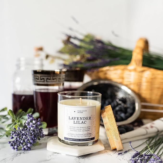 PERIPETI Home Lavender + Lilac Scented Candle - Classic Wick, 8.5oz Natural Soy Wax for Soothing Aromatherapy - Long-Lasting Relaxing Fragrance for Home or Spa