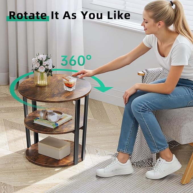 Rotating Round Side Table, 3-Tier End Table with Metal Frame, Nightstand for Small Spaces, Side Table Living Room Bedroom Sofa Bathroom, Vintage Brown