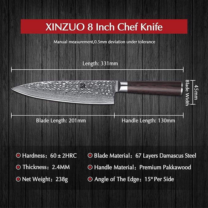 XINZUO 8 Inch Hammered Damascus Chef Knife,67 Layers Damascus Steel Kitchen Knife,Professional Japenese Chef Knife with Gift Box, Dark Brown Pakkawood Handle, Razor Sharp-He Series