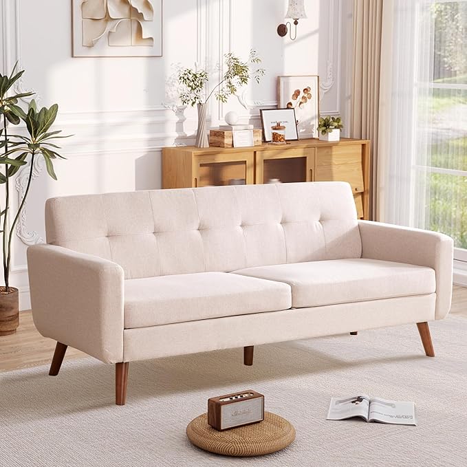 Tbfit 77.2" W Linen Sofa Couch, Mid Century Modern Decor Loveseat Couches for Living Room, Button Tufted Upholstered Small Couch for Bedroom, Solid, and Easy to Install Love Seats Furniture, Oatmeal
