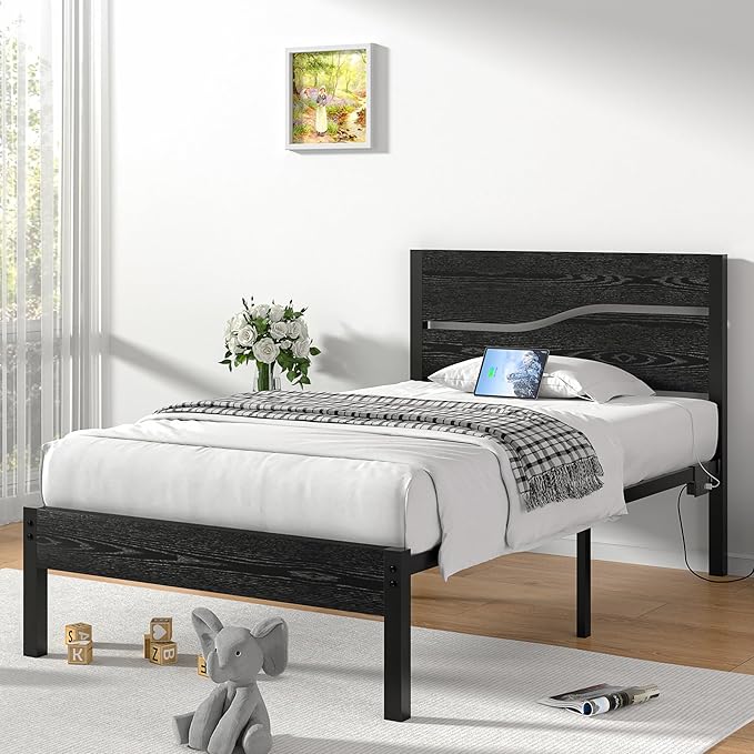VECELO Twin Size Platform Bed Frame with USB Charging Station and Wood Storage Headboard, Heavy Duty Metal, Large Storage, Noise-Free, No Box Spring Needed, Easy Assembly, Black