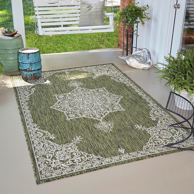 Unique Loom Outdoor Traditional Collection Area Rug - Antique (10' x 14' 1" Rectangle Green/Ivory)