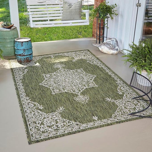 Unique Loom Outdoor Traditional Collection Area Rug - Antique (10' x 14' 1" Rectangle Green/Ivory)