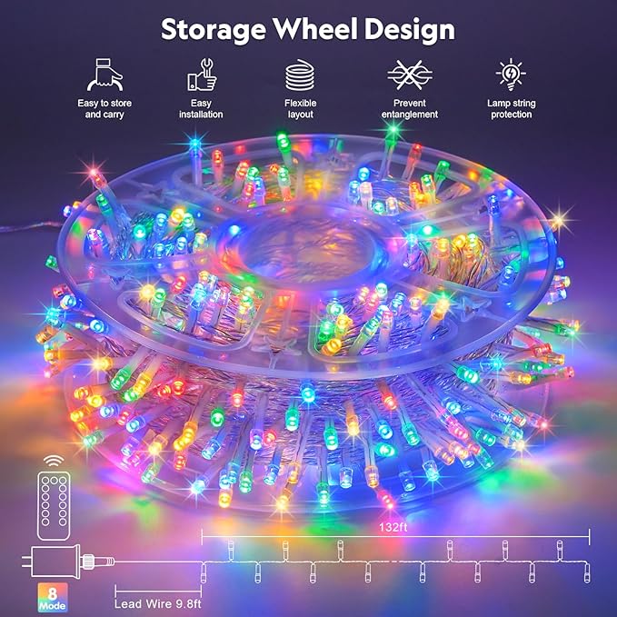 JMEXSUSS 132ft 400 LED Christmas Lights Indoor Outdoor Waterproof, 8 Modes Multicolor Christmas Tree Lights Plug in with Remote, Twinkle String Light for Bedroom Party Tree Christmas Decor