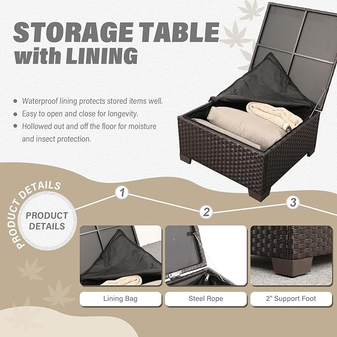 Wicker Patio Furniture Patio Couch 3 Pieces Outdoor Sectional with Ottoman and Outdoor Storage Table with Lining Weathering Anti-Slip Cushions Furniture Covers, Khaki