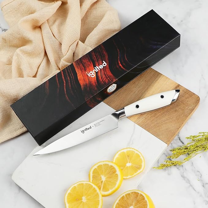 5 inch Paring Knife, German 1.4116 Stainless Steel Fruit Vegetable Peeling Knives, Ivory White Handle, Razor Sharp Small Kitchen Knife with Gift Box