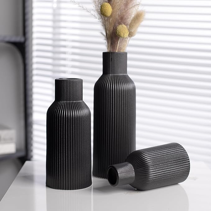 Black Ceramic Vases Set of 3, Black Ribbed Decorative Vases - Table Centerpieces for Wedding, Living Room, Office & Shelf Decor