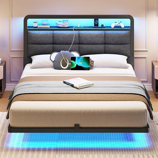 Hasuit Full Floating Bed Frame with Charging Station and LED Lights, Full Size Bed Frame with Wood Storage Headboard, Grey Upholstered Platform Bed, No Box Spring Needed, Noise Free, Easy Assembly