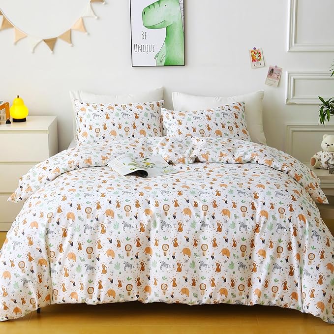 Ivellow Twin Duvet Cover for Kids Cartoon 100% Cotton Kids' Duvet Cover Set Zoo Animal Lion Elephant Patterned Ultra Soft Breathable Cute Toddler Bedding Set Zipper Closure Boys Girls Teens