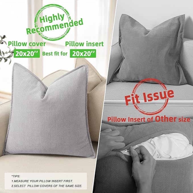ZWJD Light Gray Pillow Covers 20x20 Set of 2 Chenille Throw Pillow Covers with Elegant Design Soft and Luxurious Decorative Throw Pillows for Couch, Bed, and Home Decor