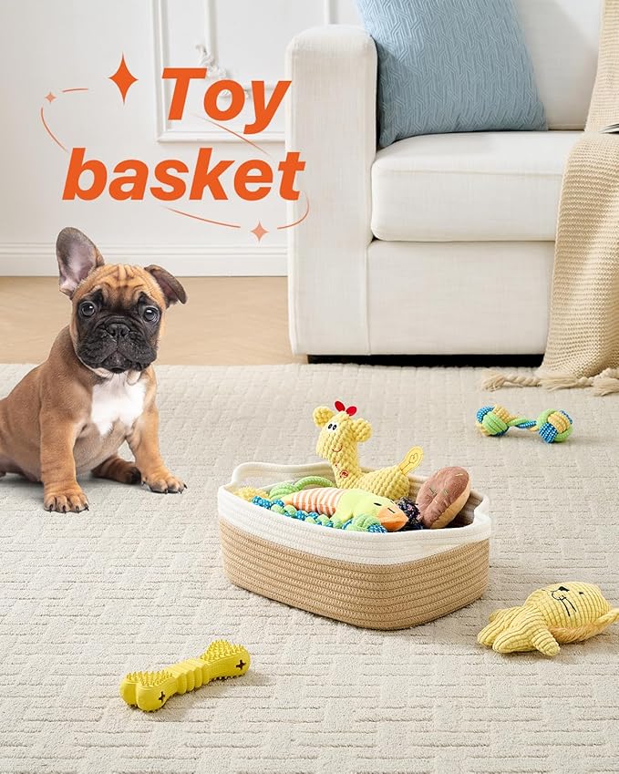 KALLAX Small Woven Basket, 12 x 8 x 4.5 Inches, Small Storage Baskets for Organizing, Gift Baskets Empty, Cute Rope Shelf Closet Storage Bins for Shelves, Dog Toy Basket, White & Brown
