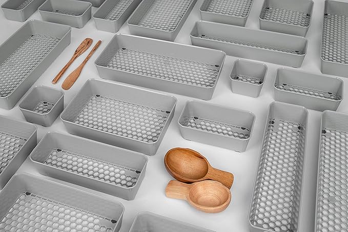 Spectrum Diversified Hexa Expandable Divided Drawer Organizer Tray Modern Kitchen Cutlery, Utensil, Silverware Holder, Cabinet Storage, 10 x 16, Clear Frost/Stone Gray