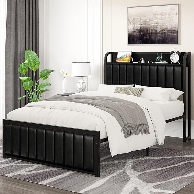 VECELO Twin Bed Frame with Headboard, Upholstered Platform Bedframe, Heavy Duty Metal Slats, No Box Spring Needed, Easy Assembly, PU Black