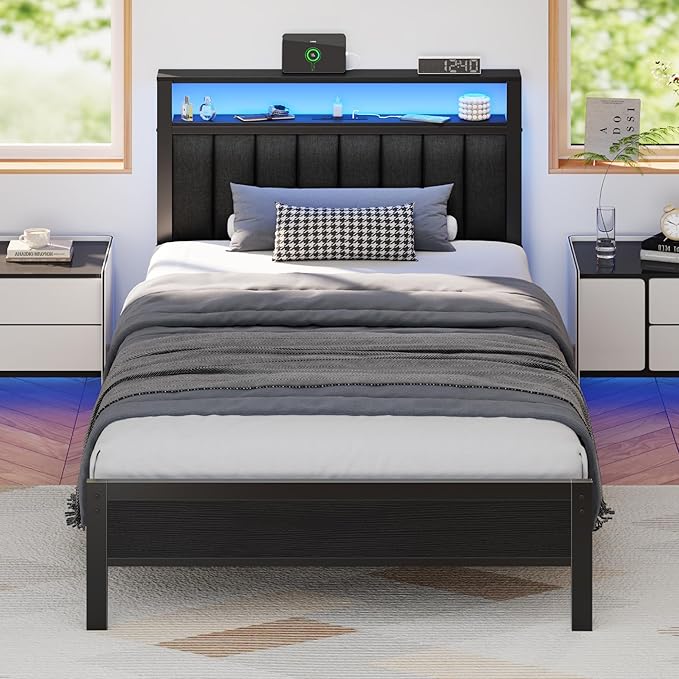 Furnulem Twin Size Bed Frame with Charging Station and LED Lights, Platform Bed with Metal Slats, Grey Upholstered Headboard with 2-Tier Storage Shelves, No Box Spring Needed