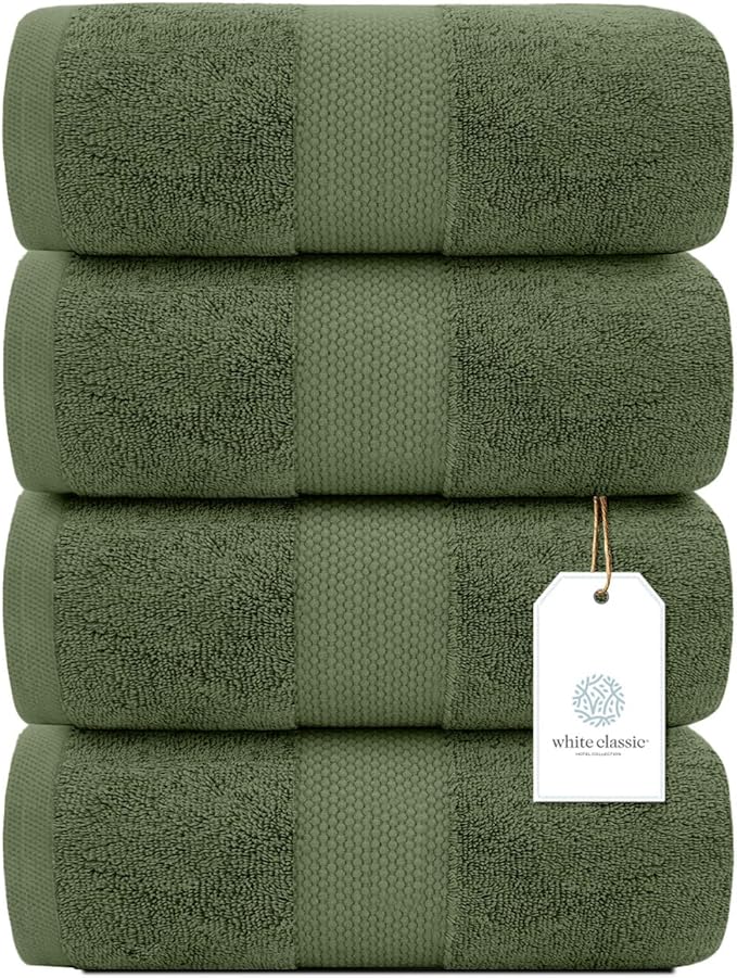 White Classic Luxury 4-Piece Large Bathroom Towel Set - 700 GSM Cotton Ultra Soft Towels 27x54 | High Absorbency & Quick Dry | Hotel Plush Dark Green Towels