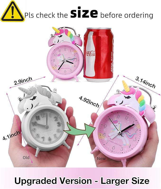 Unicorn Alarm Clock for Girls Kids, Cute Bedroom Decoration, Non Ticking Silent Second Hand, w/Backlight Super Loud Twin Bell, for Kids Unicorn Gifts (Pink)