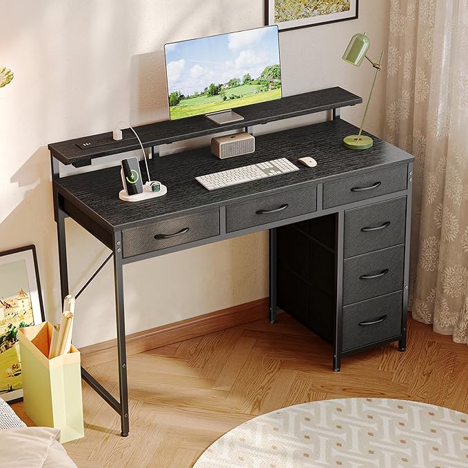 Huuger Gaming Desk with 6 Drawers, Computer Desk with LED Lights Power Outlets and Type-C, 39 Inch Office Desk with Storage, Monitor Stand, Writing Desk Work Desk Home Office, Bedroom, Study, Black