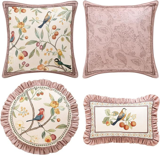 Throw Pillow Covers Pack of 4,Pink Farmhouse with Birds and Flowers Pattern Cozy Velvet Pillowcases,Decoration Square Round Lumbar Pillows Cushion Covers for Couch Sofa Bed Car Chair