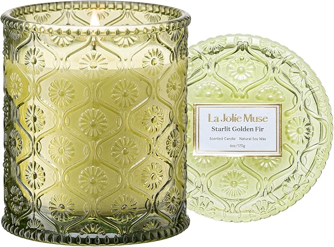 LA JOLIE MUSE Starlit Golden Fir Scented Candle, Winter Candle Gifts, Fir & Cedarwood Candle, Holiday Candles for Home Scented, Natural Soy Wax Candle, 6 oz 40 Hours Burn