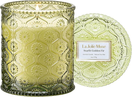 LA JOLIE MUSE Starlit Golden Fir Scented Candle, Winter Candle Gifts, Fir & Cedarwood Candle, Holiday Candles for Home Scented, Natural Soy Wax Candle, 6 oz 40 Hours Burn