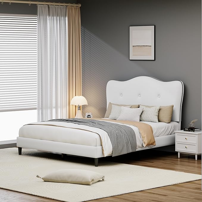 Twin Size Bed Frame, Upholstered Bed Frame with Headboard, Platform Bed Frame with Wood Slats Support, No Box Spring Needed, Adjustable Height Headboard, White