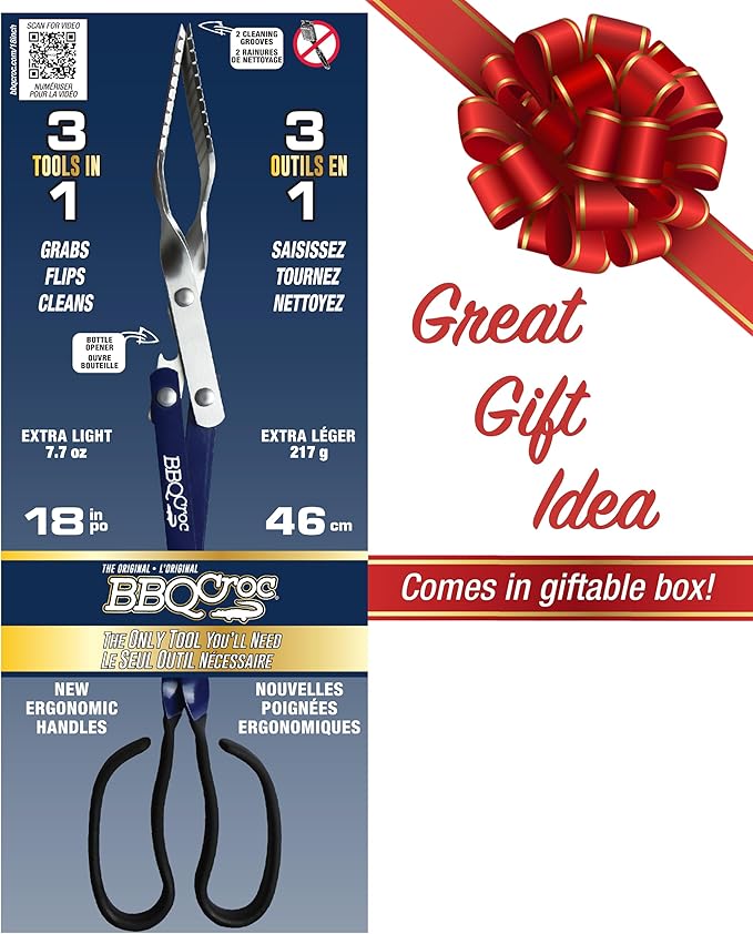 BBQ Croc 3 in 1 Barbecue Tool 18-inch - Lightweight and Long Tongs, Spatula and Grill Scraper (Blue) (18 inch Without Flashlight)