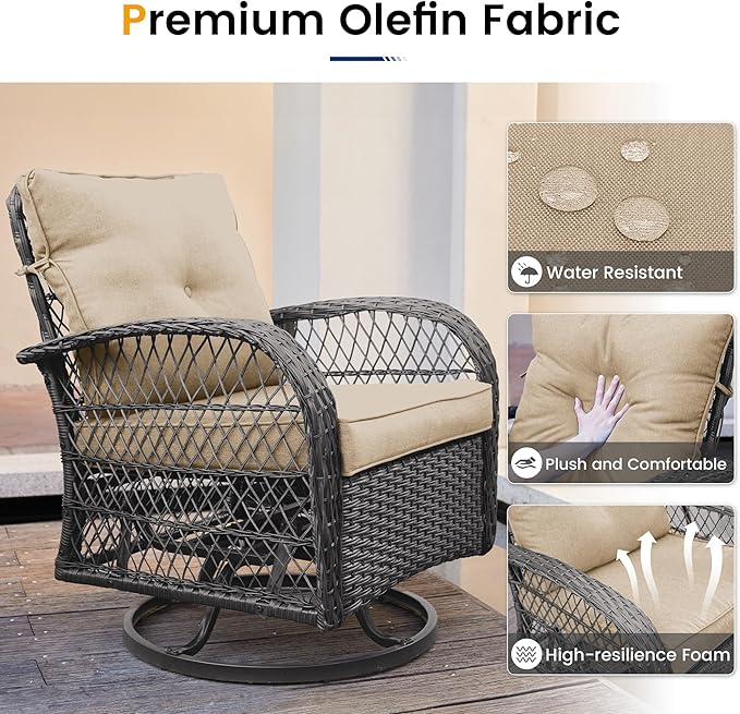 UDPATIO 3 Pieces Patio Furniture Set, Outdoor Swivel Rocker Patio Chairs Set of 2, All-Weather PE Wicker Glider Chairs with Thick Cushions and Glass Coffee Table,for Porch Deck Backyard Khaki