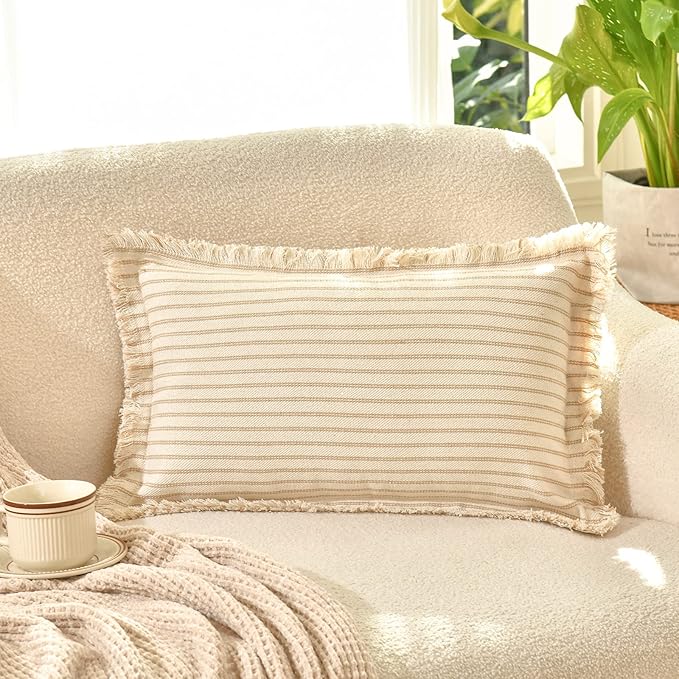 ZWJD Throw Pillow Covers 12x20 Set of 2 Striped Pillow Covers with Fringe Chic Cotton Decorative Pillows Square Cushion Covers for Sofa Couch Bed Living Room Farmhouse Decor