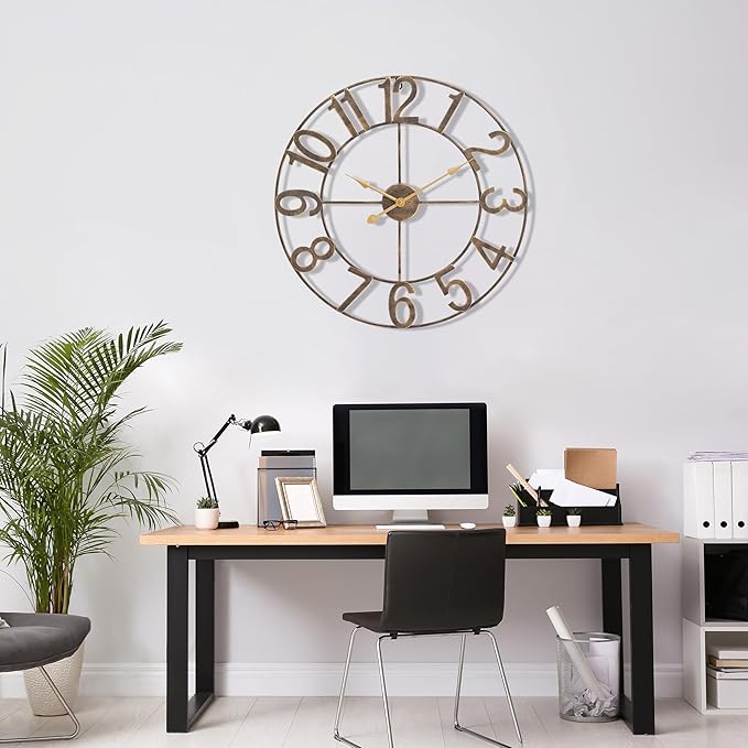 Sorbus 24-Inch Large Wall Clock – Decorative Brown Metal Clock with Gold Hands – Silent, Battery Operated, Modern Wall Decor for Living Room, Kitchen, or Office - Great Gift for Housewarming or Office