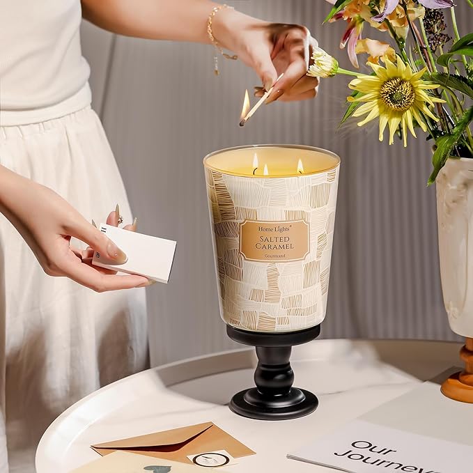 HomeLights Large jar Candle | 3-Wick Long-Lasting Scented Candles, 34oz Natural Soy Wax Candle for Home Scented, Rustic Modern Gifts for Women & Men, Salted Caramel