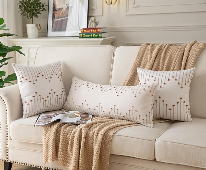 Caflife Boho Lumbar Pillow Cover 14x36 Long Pack of 1 Decorative Pillows Bed, Beige with Brown Body Throw Pillow Covers, for Modern Farmhouse Sofa Bedroom Living Room Home Decor Couch Pillowcase