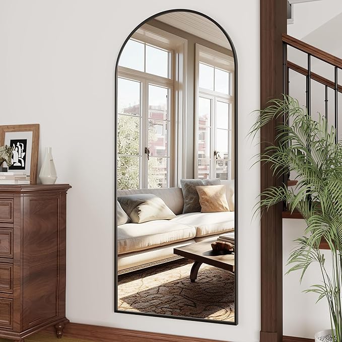 OGCAU Full Length Mirror, 70"x26" Arched Full Body Floor Mirror with Stand, Hanging or Leaning, Standing, Wall Mounted with Aluminum Frame for Bedroom Living Room (Black)