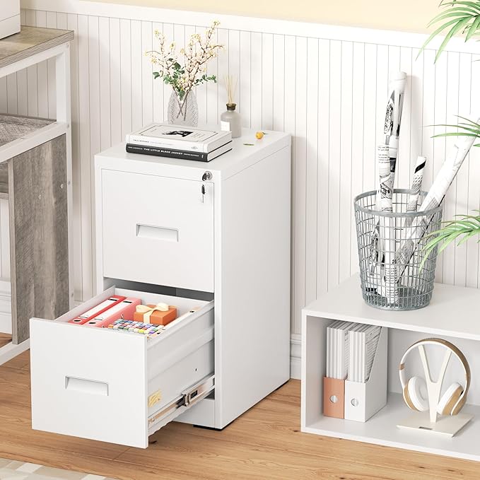 Greenvelly 2 Drawer Metal File Cabinet with Lock, White Vertical Filing Cabinet for Home Office, Lockable Metal File Cabinet for Hanging Letter/Legal Folders, Easy Assemble